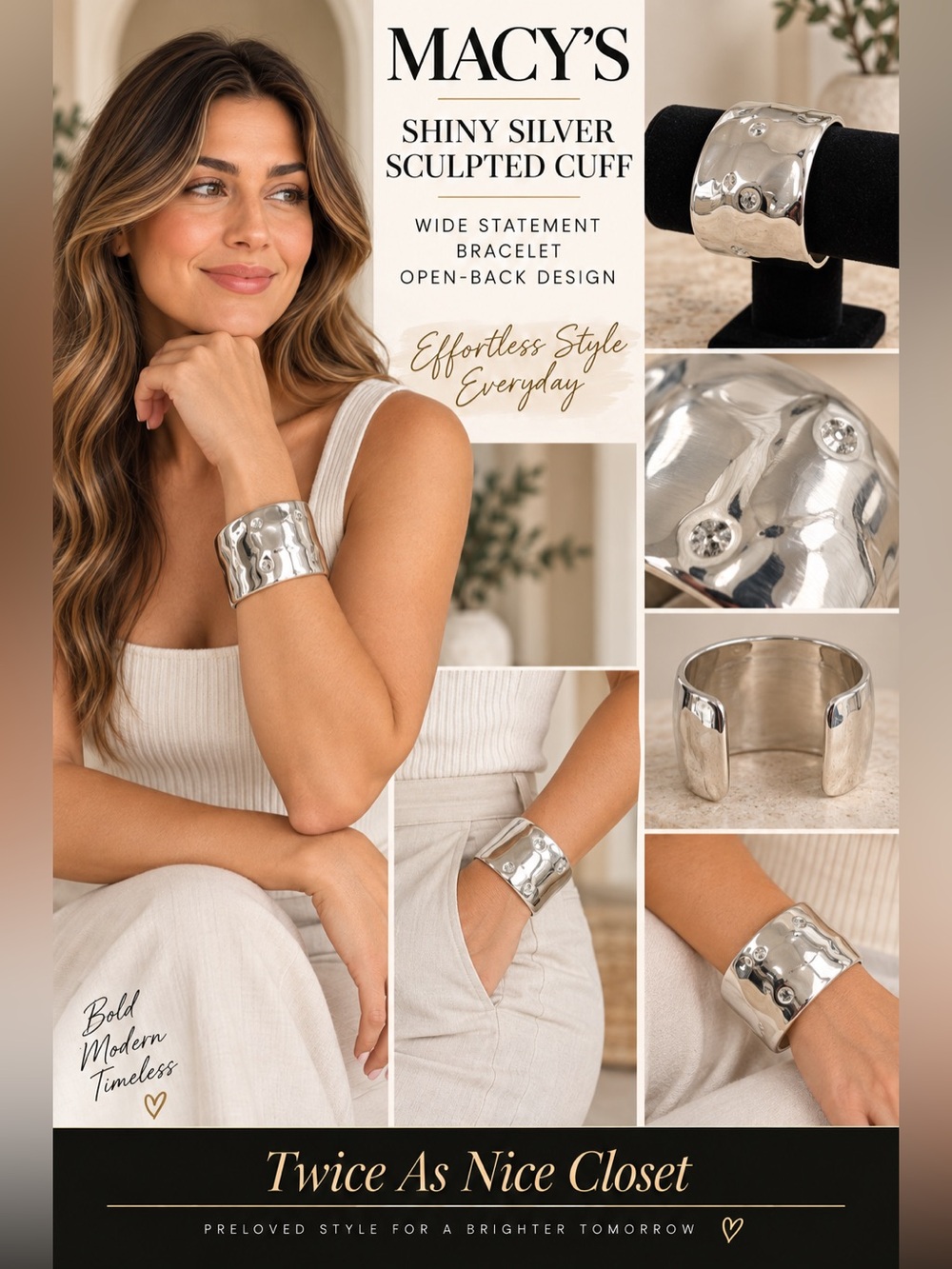 Macy's Shiny Silver Sculpted Cuff Bracelet